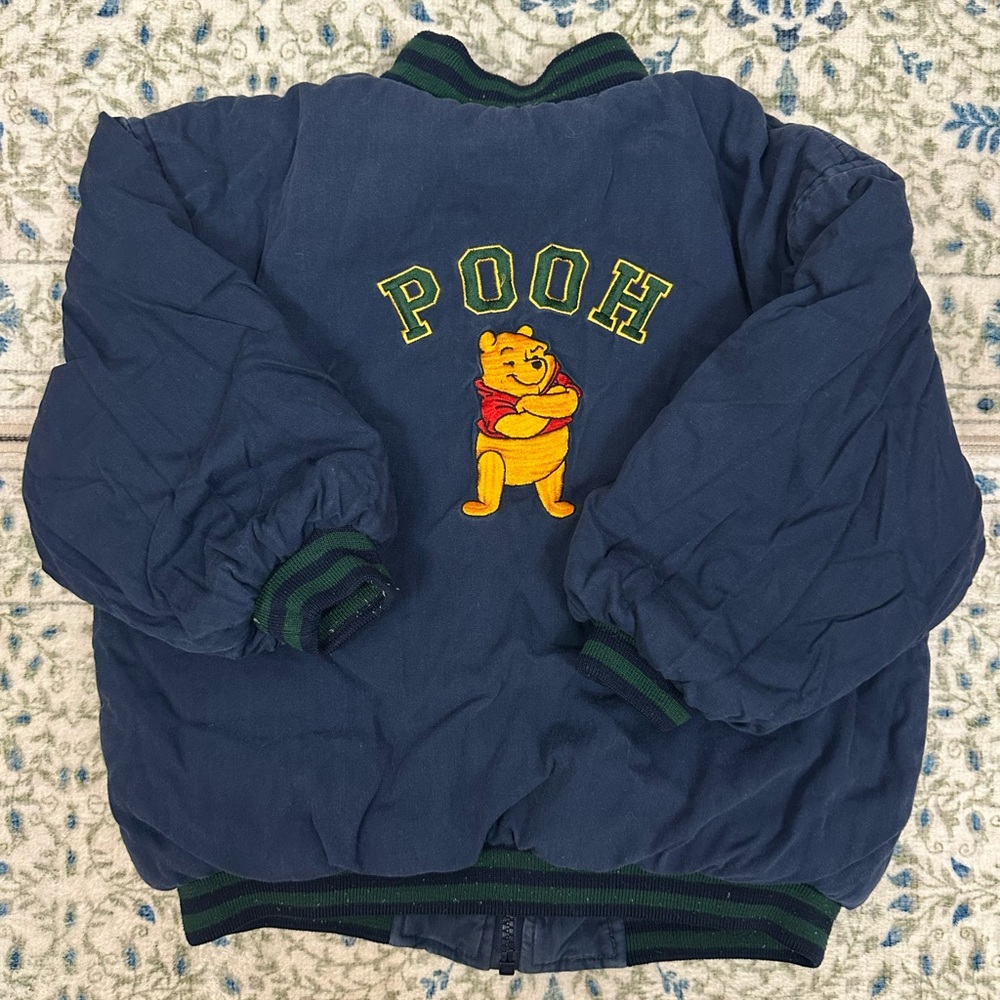Vintage Winnie the Pooh Kids Green and Navy Reversible Varsity Zip Up Jacket